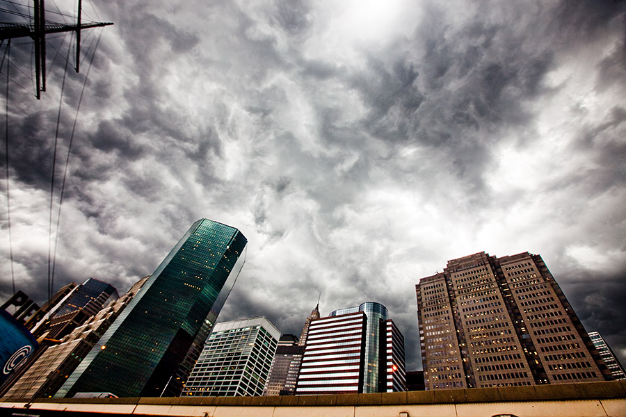 a view of the skyline from the south street pier in new york city